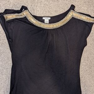 Cache Black Blouse with Gold Trim